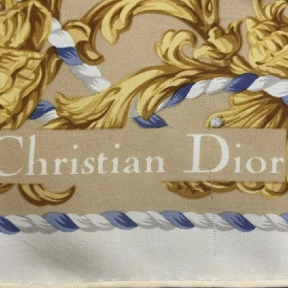 Vintage Christian Dior Beige Blue and Gold Silk Scarf